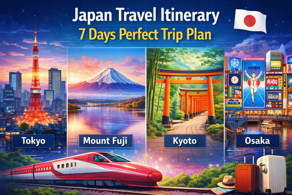 Japan travel itinerary 7 days showing Tokyo skyline, Mount Fuji, Kyoto temples, and Osaka city highlights for first-time travelers