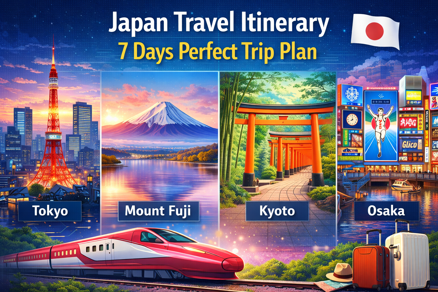 Japan travel itinerary 7 days showing Tokyo skyline, Mount Fuji, Kyoto temples, and Osaka city highlights for first-time travelers