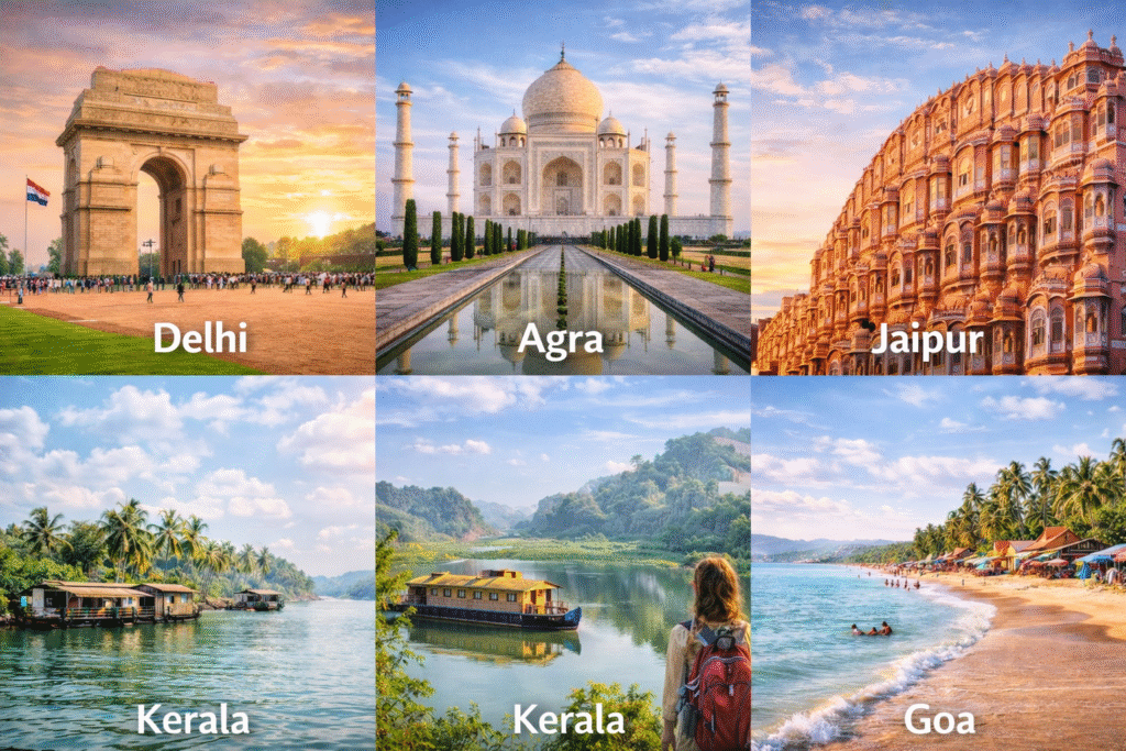 Best places to visit in India for first time visitors including Delhi, Agra, Jaipur, Kerala and Goa